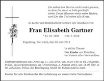 Traueranzeige Elisabeth Gartner
