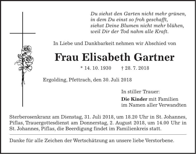 Traueranzeige Elisabeth Gartner