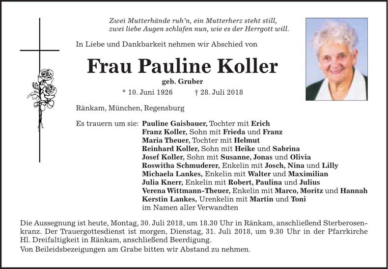 Traueranzeige Pauline Koller
