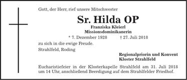 Traueranzeige Sr. Hilda OP Franziska Kleierl