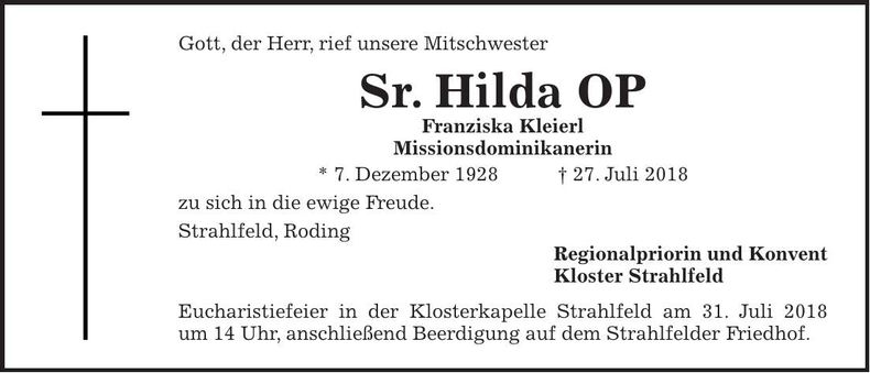 Traueranzeige Sr. Hilda OP Franziska Kleierl