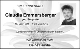 Traueranzeige Claudia Emmersberger