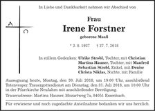 Traueranzeige Irene Forstner