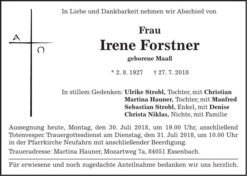 Traueranzeige Irene Forstner