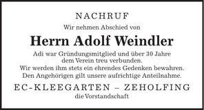 Traueranzeige Adolf Weindler