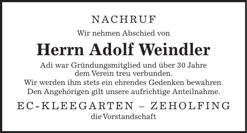 Traueranzeige Adolf Weindler