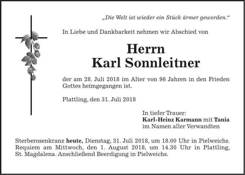 Traueranzeige Karl Sonnleitner