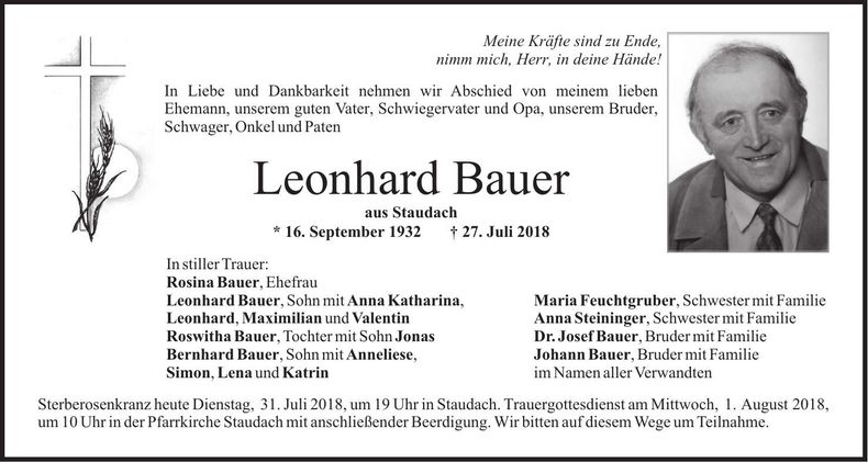 Traueranzeige Leonhard Bauer