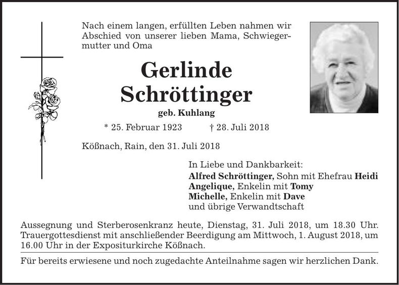 Traueranzeige Gerlinde Schröttinger