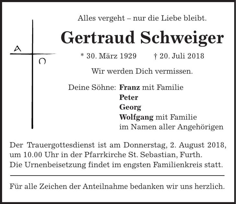 Traueranzeige Gertraud Schweiger