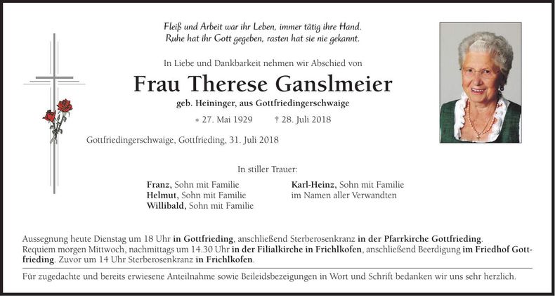 Traueranzeige Therese Ganslmeier