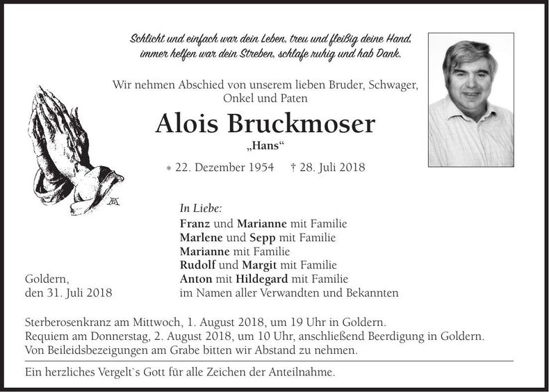 Traueranzeige Alois Bruckmoser