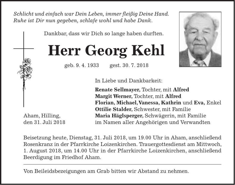 Traueranzeige Georg Kehl