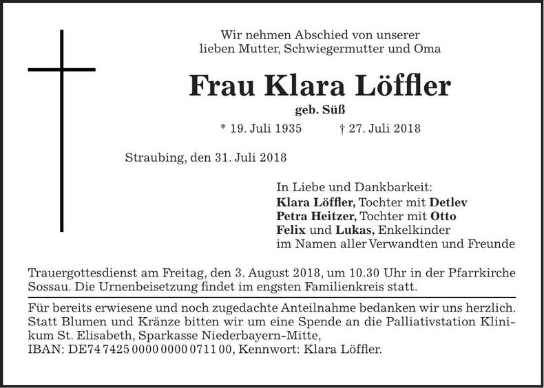 Traueranzeige Klara Löffler