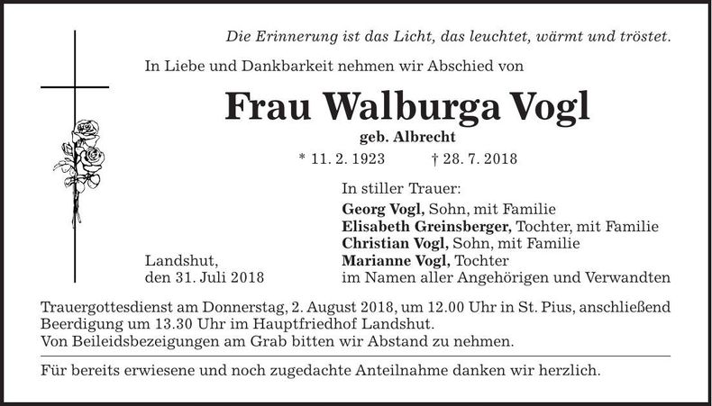 Traueranzeige Walburga Vogl