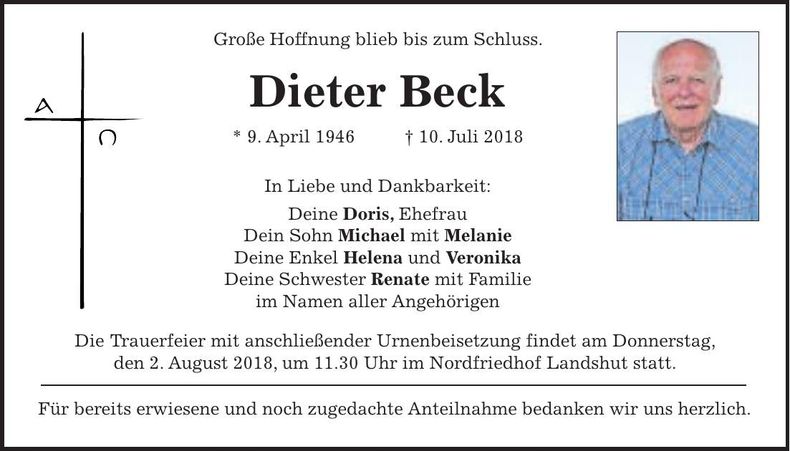 Traueranzeige Dieter Beck