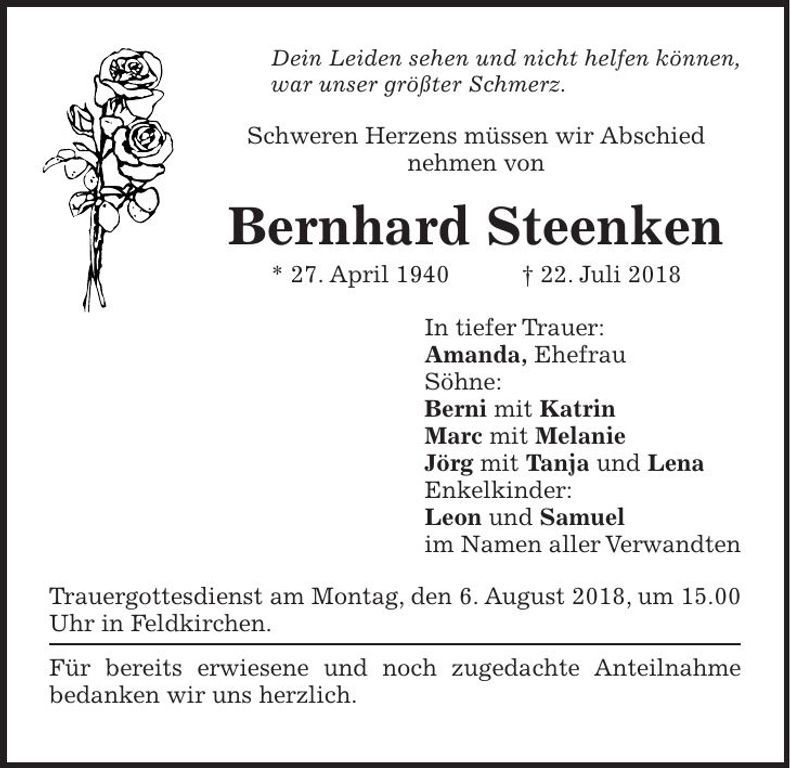Traueranzeige Bernhard Steenken