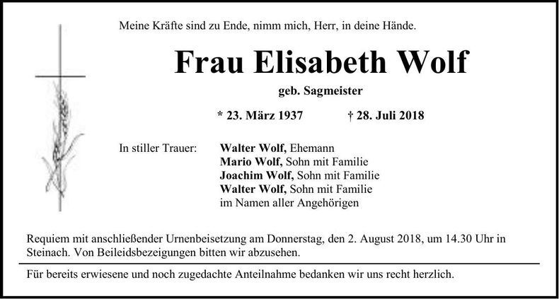 Traueranzeige Elisabeth Wolf