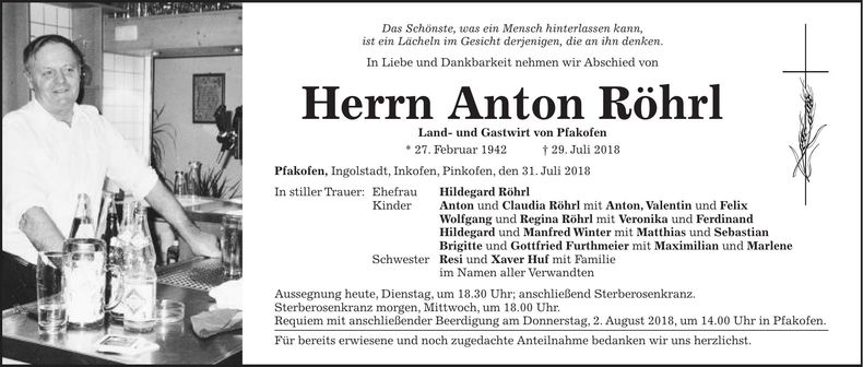 Traueranzeige Anton Röhrl