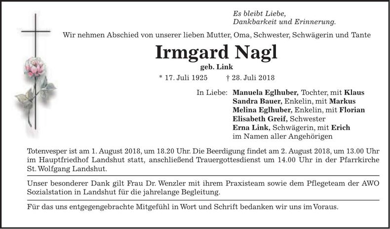 Traueranzeige Irmgard Nagl