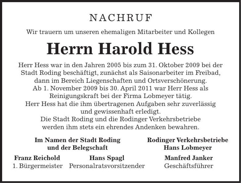 Traueranzeige Harold Hess