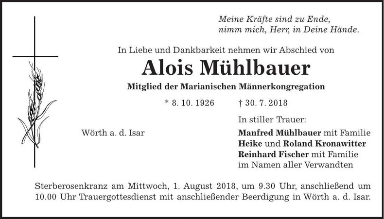 Traueranzeige Alois Mühlbauer