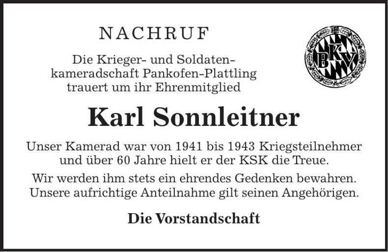 Traueranzeige Karl Sonnleitner