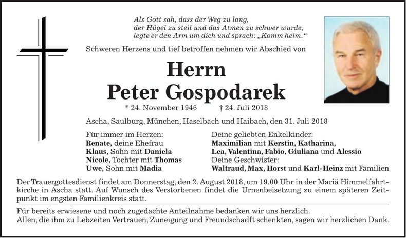 Traueranzeige Peter Gospodarek