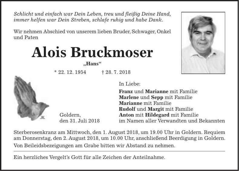 Traueranzeige Alois Bruckmoser