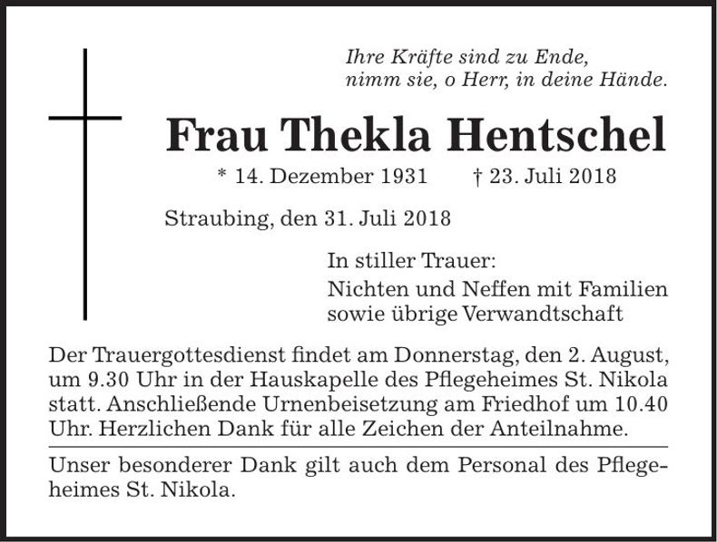 Traueranzeige Thekla Hentschel