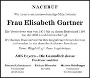 Traueranzeige Elisabeth Gartner