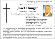 Traueranzeige Josef Hunger