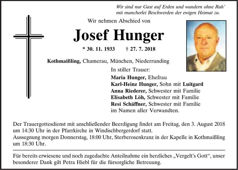 Traueranzeige Josef Hunger