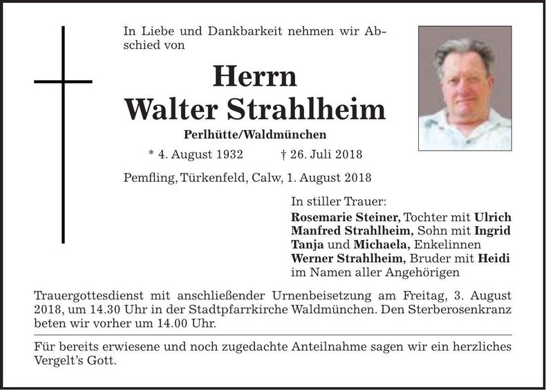 Traueranzeige Walter Strahlheim