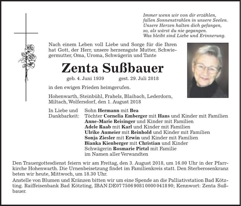 Traueranzeige Zenta Sußbauer