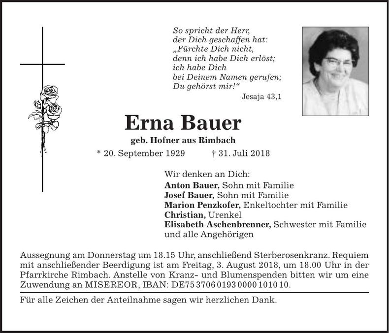 Traueranzeige Erna Bauer