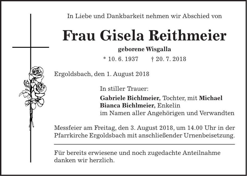 Traueranzeige Gisela Reithmeier