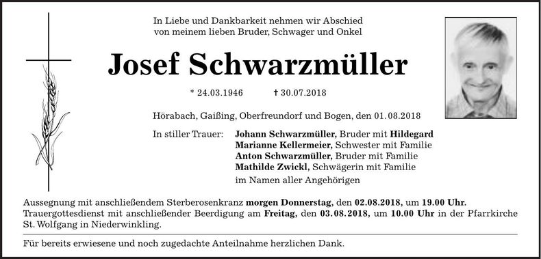 Traueranzeige Josef Schwarzmüller