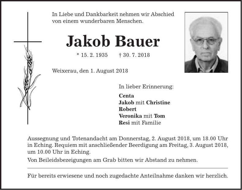 Traueranzeige Jakob Bauer