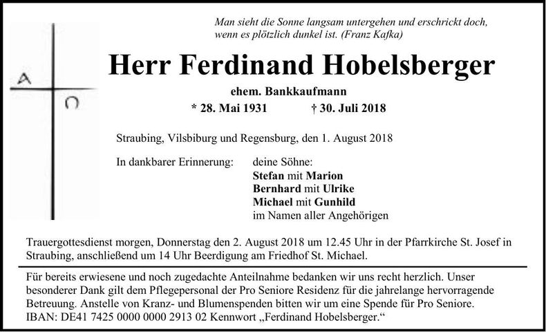 Traueranzeige Ferdinand Hobelsberger