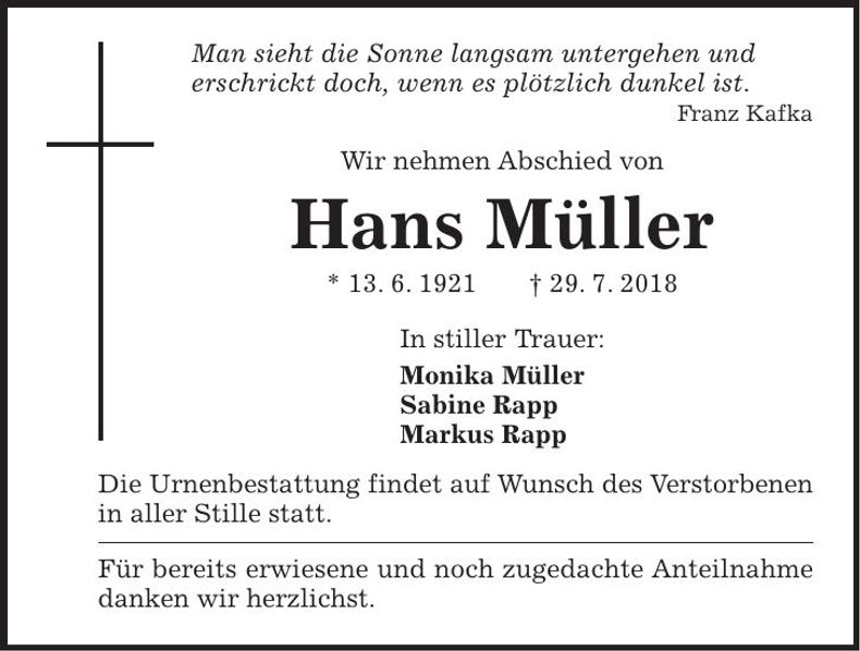 Traueranzeige Hans Müller