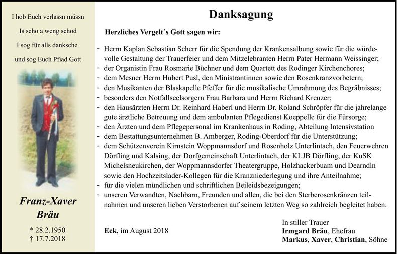 Traueranzeige Franz-Xaver Bräu
