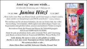 Traueranzeige Janina Hötzl