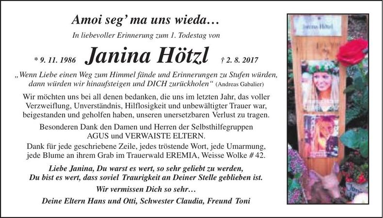Traueranzeige Janina Hötzl