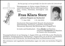 Traueranzeige Klara Sterr