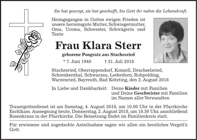 Traueranzeige Klara Sterr