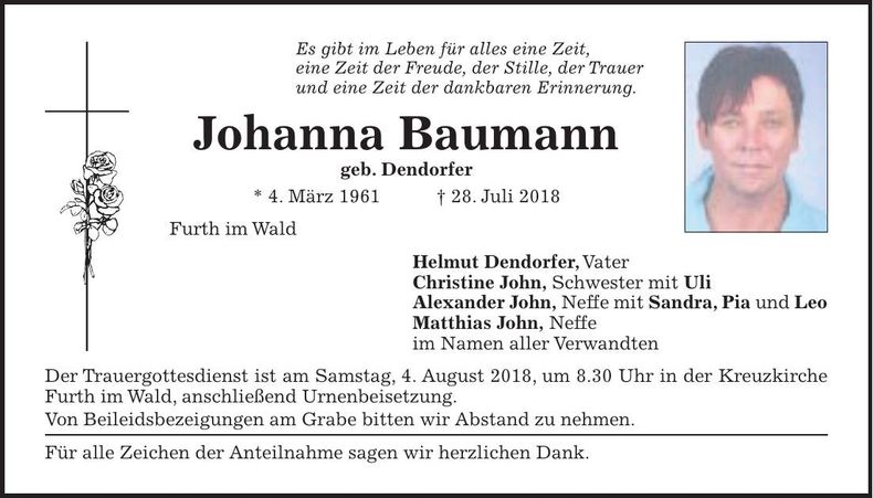 Traueranzeige Johanna Baumann