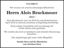 Traueranzeige Alois Bruckmoser