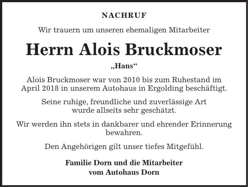 Traueranzeige Alois Bruckmoser