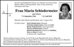 Traueranzeige Maria Schiedermeier